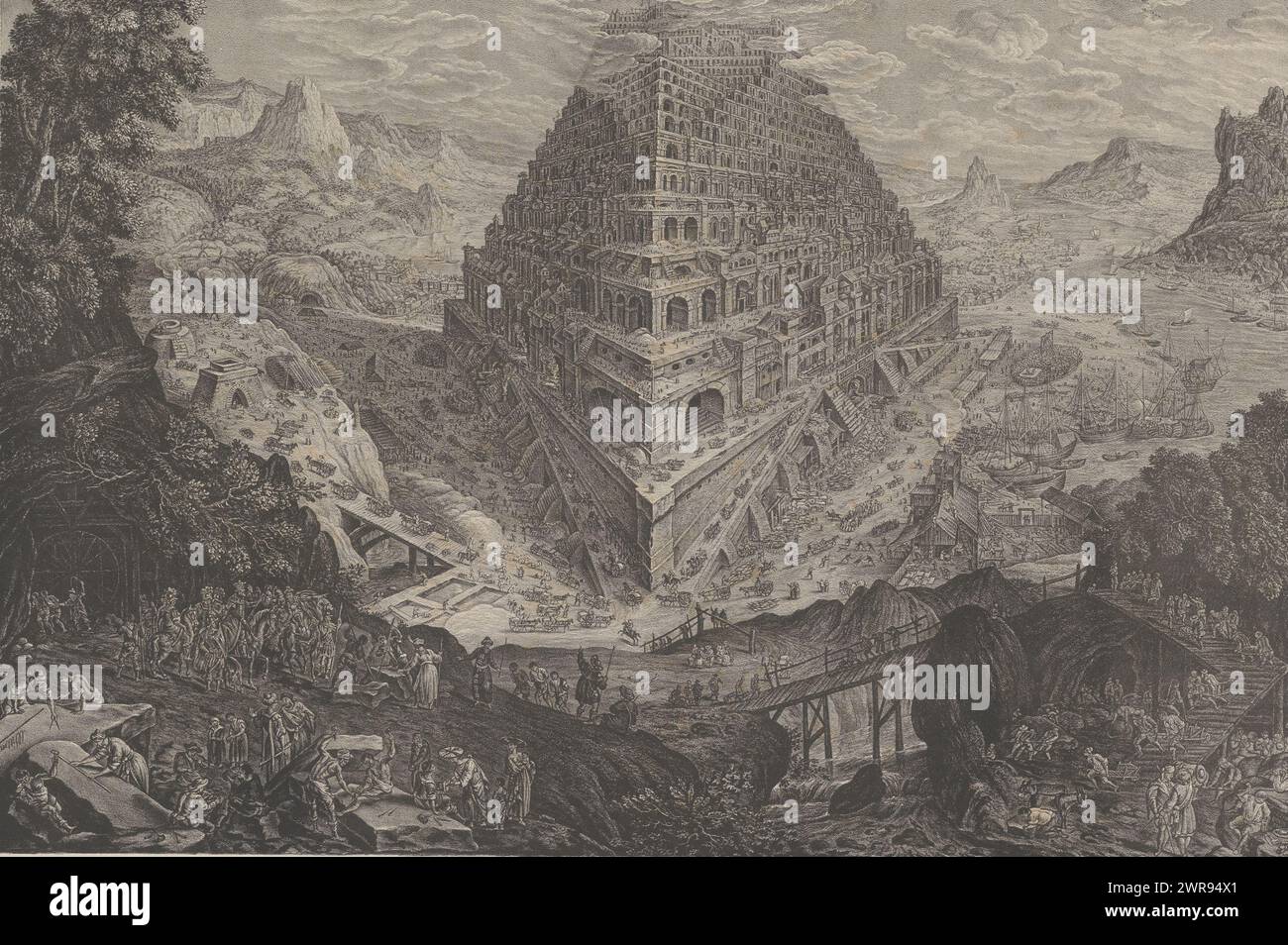 Tour de Babel, haut centre : II à Abth. No 212., imprimeur : I.L. Wittmann, après peinture par : Paul Bril, imprimeur : G. Eduard Müller, Berlin, 1820 - 1860, papier, hauteur 542 mm × largeur 683 mm, impression Banque D'Images