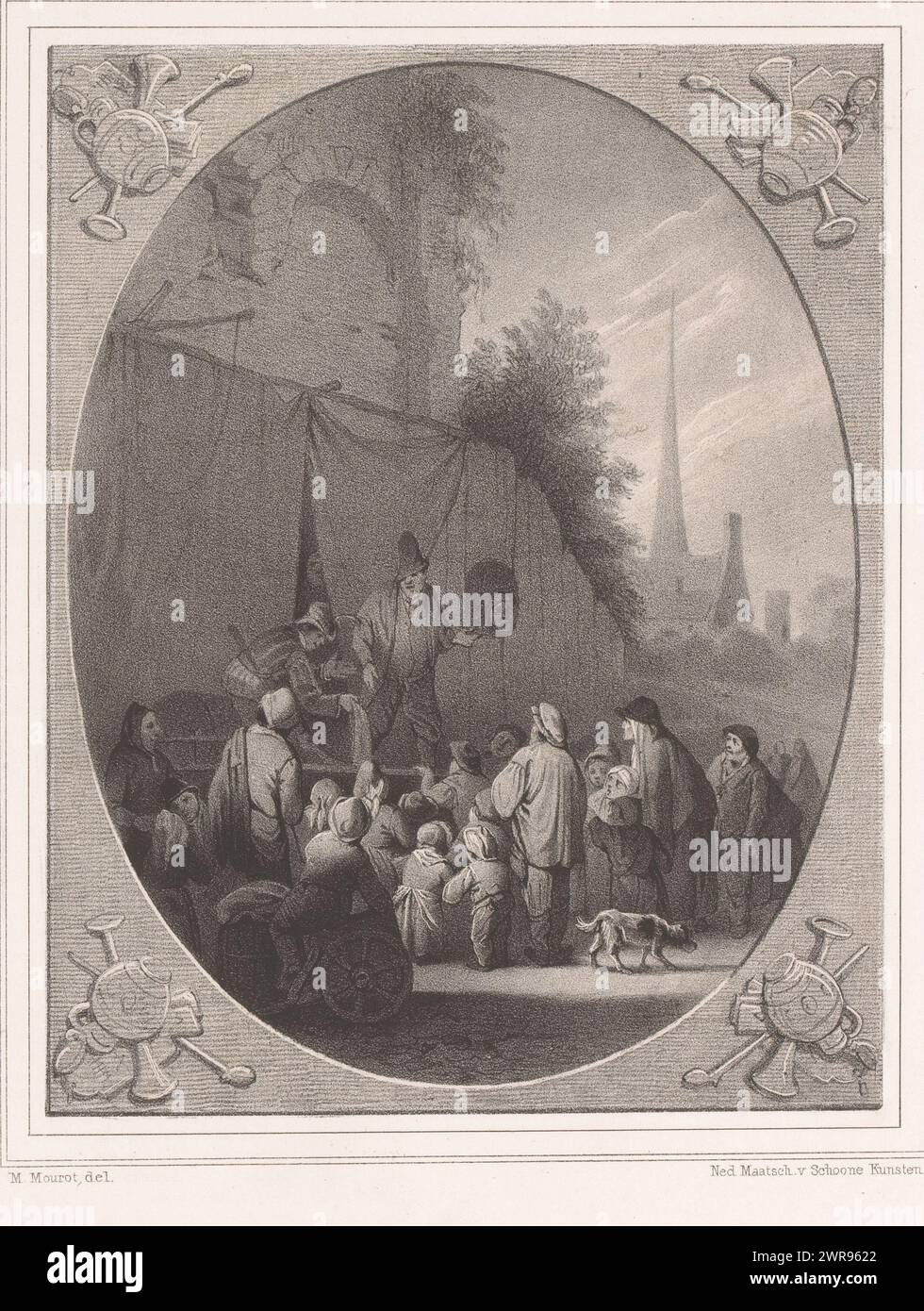 Représentation théâtrale en plein air, deux hommes sont sur scène. Le public regarde. Une église en arrière-plan. La représentation, dans un ovale, est contenue dans un cadre. Dans les coins du cadre des objets comprenant une cruche, une trompette et un fusil., imprimeur : Michel Mourot, designer : Michel Mourot, après peinture par : Adriaen van Ostade, la Haye, 1840 - 1843, papier, hauteur 340 mm × largeur 252 mm, impression Banque D'Images