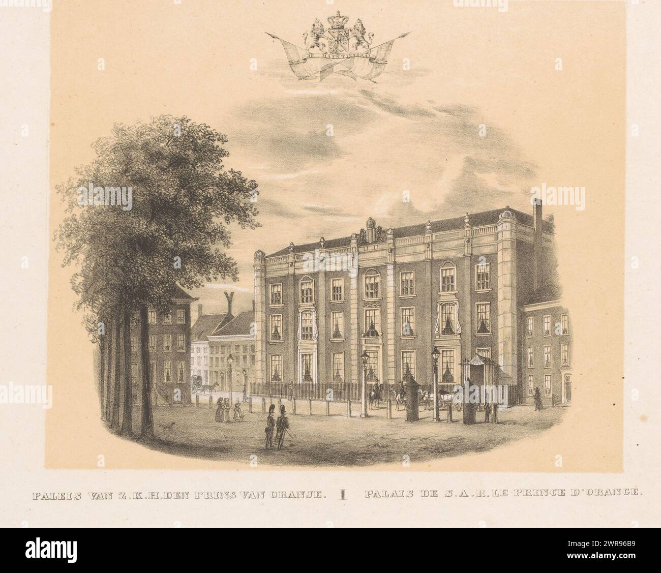 Maison d'hôtes d'Amsterdam à la Haye, Palais de S.A.R. le Prince d'Orange / Palais e S.A.R. le prince d'Orange (titre sur objet), vue de la loge d'Amsterdam avec des personnages marchant dans la rue., imprimeur : inconnu, imprimeur : H.F. Soeterik, (attribution rejetée), imprimeur: A.P. van Langenhuijsen, la Haye, 1830 - 1846, papier, hauteur 229 mm × largeur 296 mm, impression Banque D'Images