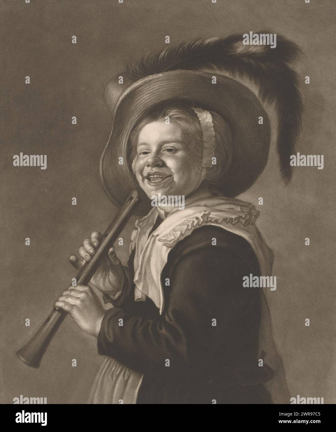 Fille souriante avec flûte, imprimeur : James McArdell, après peinture par : Jan Miense Molenaer, Londres, 1758, papier, hauteur 327 mm × largeur 226 mm, impression Banque D'Images