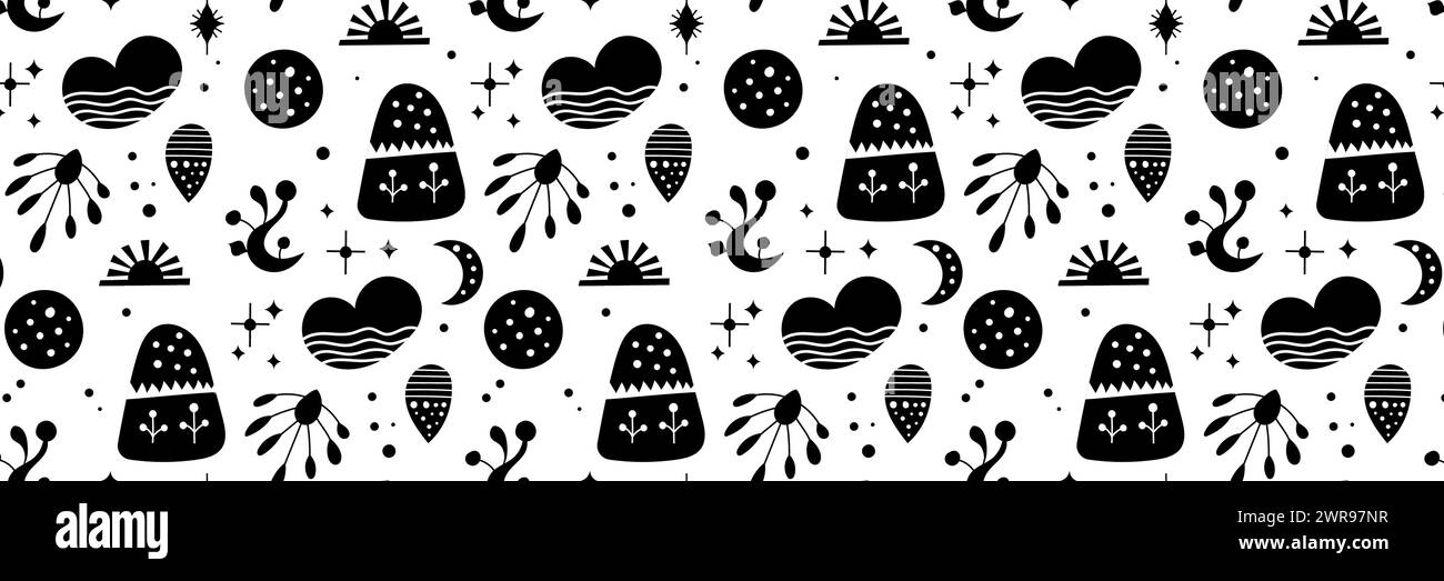 Modèle vectoriel d'art folklorique néo sans couture avec montagnes, lune et fleurs, design floral noir et blanc. Fond sans fin de style folklorique Neo parfait pour te Illustration de Vecteur