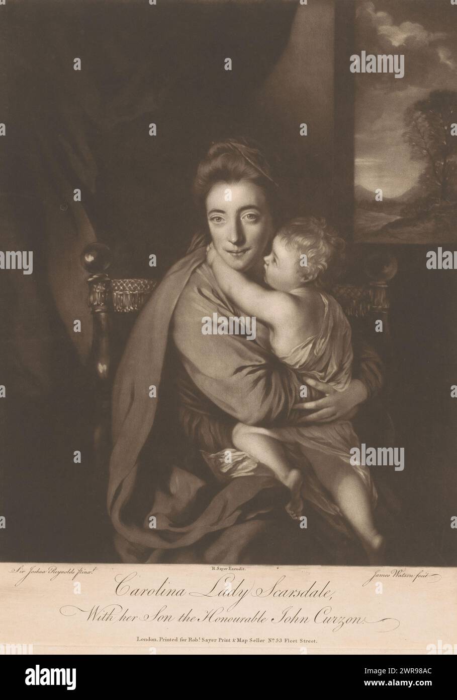 Portrait de Caroline Curzon et son fils John, Carolina Lady Scarsdale, avec son fils l'honorable John Curzon (titre sur objet), imprimeur : James Watson (prentmaker), après peinture par : Joshua Reynolds, éditeur : Robert Sayer, Londres, 1760 - c. 1762, papier, hauteur 390 mm × largeur 282 mm, impression Banque D'Images