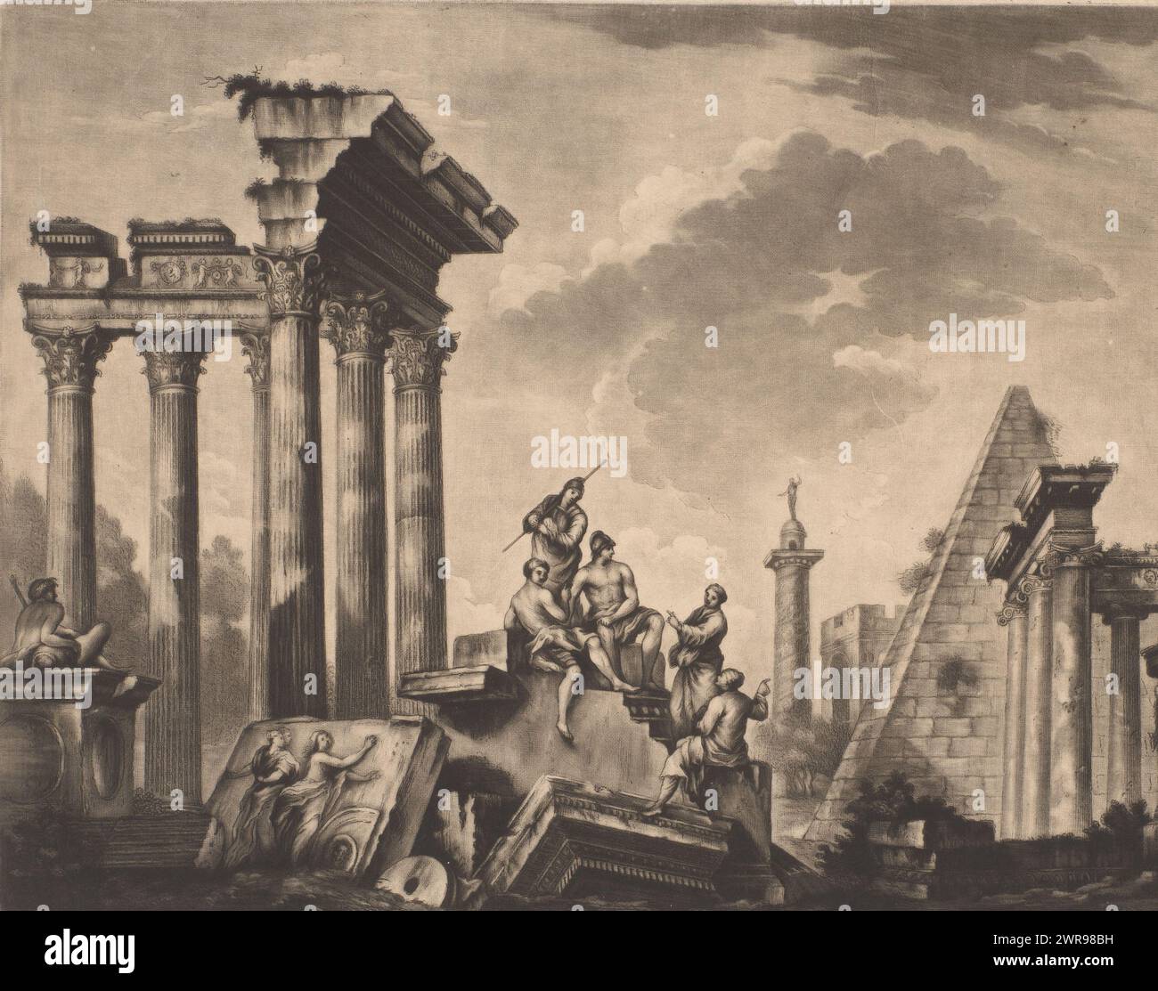 Ruines à Rome, à gauche le temple de Jupiter, à droite la colonne de Constantin, la Pyramide de Cestius et la Porta San Paolo., imprimeur : Richard Houston, d'après la conception de: Giovanni Paolo Pannini, Angleterre, c. 1750 - c. 1770, papier, gravure, hauteur 256 mm × largeur 354 mm, impression Banque D'Images