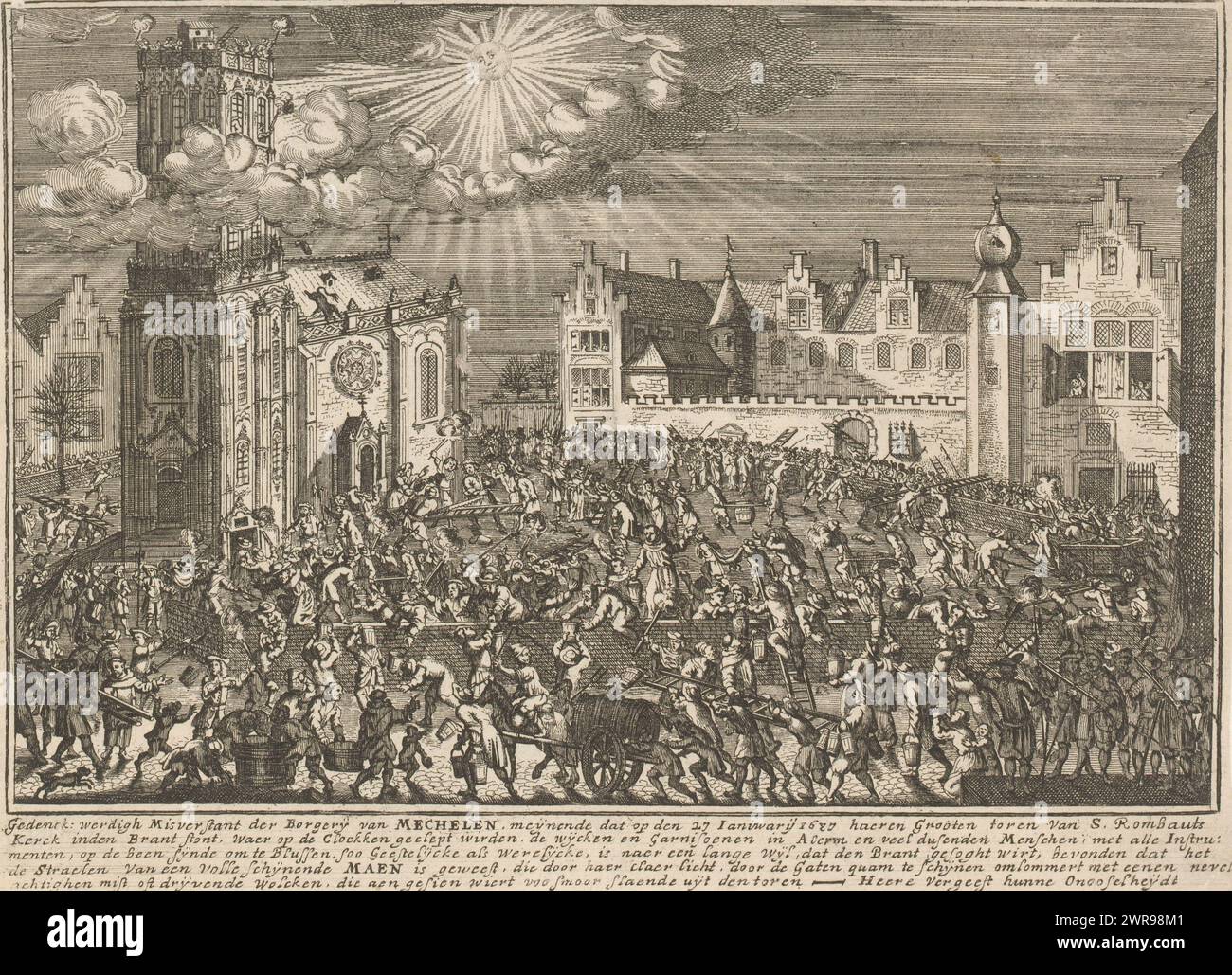 Feu de lune de Malines, 1687, Gedenck-werdigh malentendu de la Borgery de Malines, croyant que le 27 janvier 1687, la Grande Tour de S. Rombauts Kerck a été érigée dans le Brant (...) (Titre sur l'objet), feu de lune de Malines. Caricature sur les habitants de Malines qui croient à tort que la tour de sécurité Rombaut est en feu, le 27 janvier 1687. Cependant, il s'avère n'être que la lumière de la pleine lune entre les brumes. Représentation nocturne avec la foule armée d'échelles et d'extincteurs sur la place de l'église. Avec une légende de 5 lignes se terminant par les mots : Seigneur pardonne leur innocence Banque D'Images Feu de lune de Malines, 1687, Gedenck-werdigh malentendu de la Borgery de Malines, croyant que le 27 janvier 1687, la Grande Tour de S. Rombauts Kerck a été érigée dans le Brant (...) (Titre sur l'objet), feu de lune de Malines. Caricature sur les habitants de Malines qui croient à tort que la tour de sécurité Rombaut est en feu, le 27 janvier 1687. Cependant, il s'avère n'être que la lumière de la pleine lune entre les brumes. Représentation nocturne avec la foule armée d'échelles et d'extincteurs sur la place de l'église. Avec une légende de 5 lignes se terminant par les mots : Seigneur pardonne leur innocence Banque D'Images