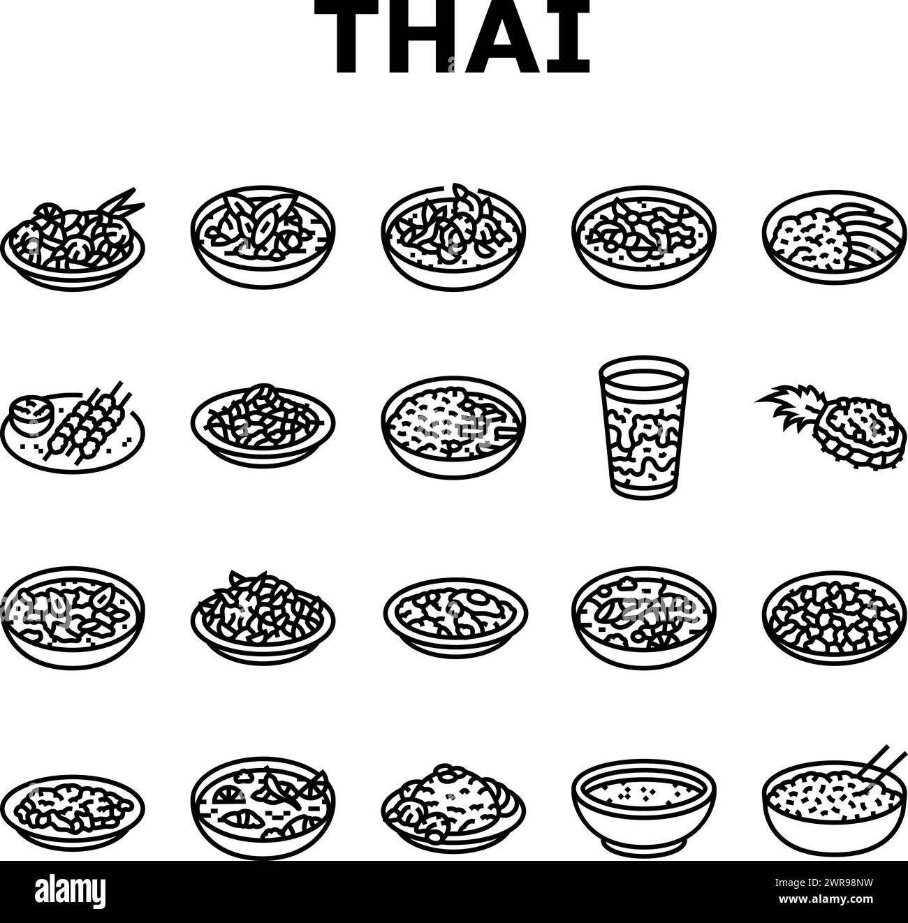 vecteur de jeu d'icônes de cuisine thaïlandaise de cuisine asiatique Illustration de Vecteur
