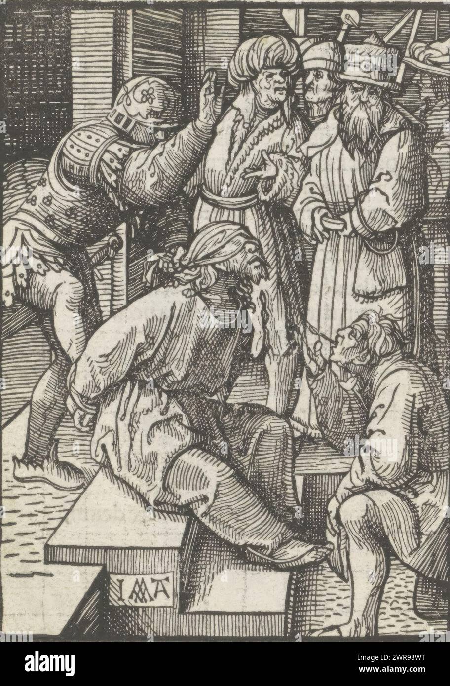 Moquerie, la petite passion (titre de la série), le Christ est assis sur le sol les yeux bandés et les mains attachées. Un homme le frappe, un autre lui crache au visage. L'impression fait partie d'un livre., imprimeur : Jacob Cornelisz van Oostsanen, éditeur : Doen Pietersz., Amsterdam, 1523, papier, hauteur 112 mm × largeur 80 mm, hauteur 141 mm × largeur 101 mm, impression Banque D'Images