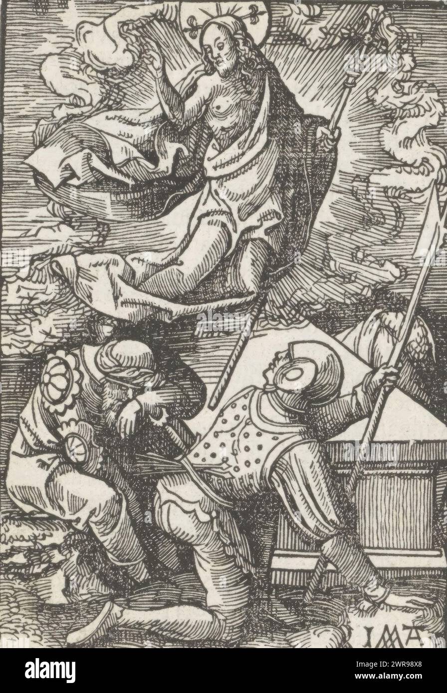 Resurrection, The Little passion (titre de la série), Christ ressuscite des morts. Il flotte au-dessus de la tombe avec un bâton en croix à la main. Un soldat lève les yeux, l'autre dort. L'impression fait partie d'un livre., imprimeur : Jacob Cornelisz van Oostsanen, éditeur : Doen Pietersz., Amsterdam, 1523, papier, hauteur 113 mm × largeur 78 mm, hauteur 141 mm × largeur 101 mm, impression Banque D'Images