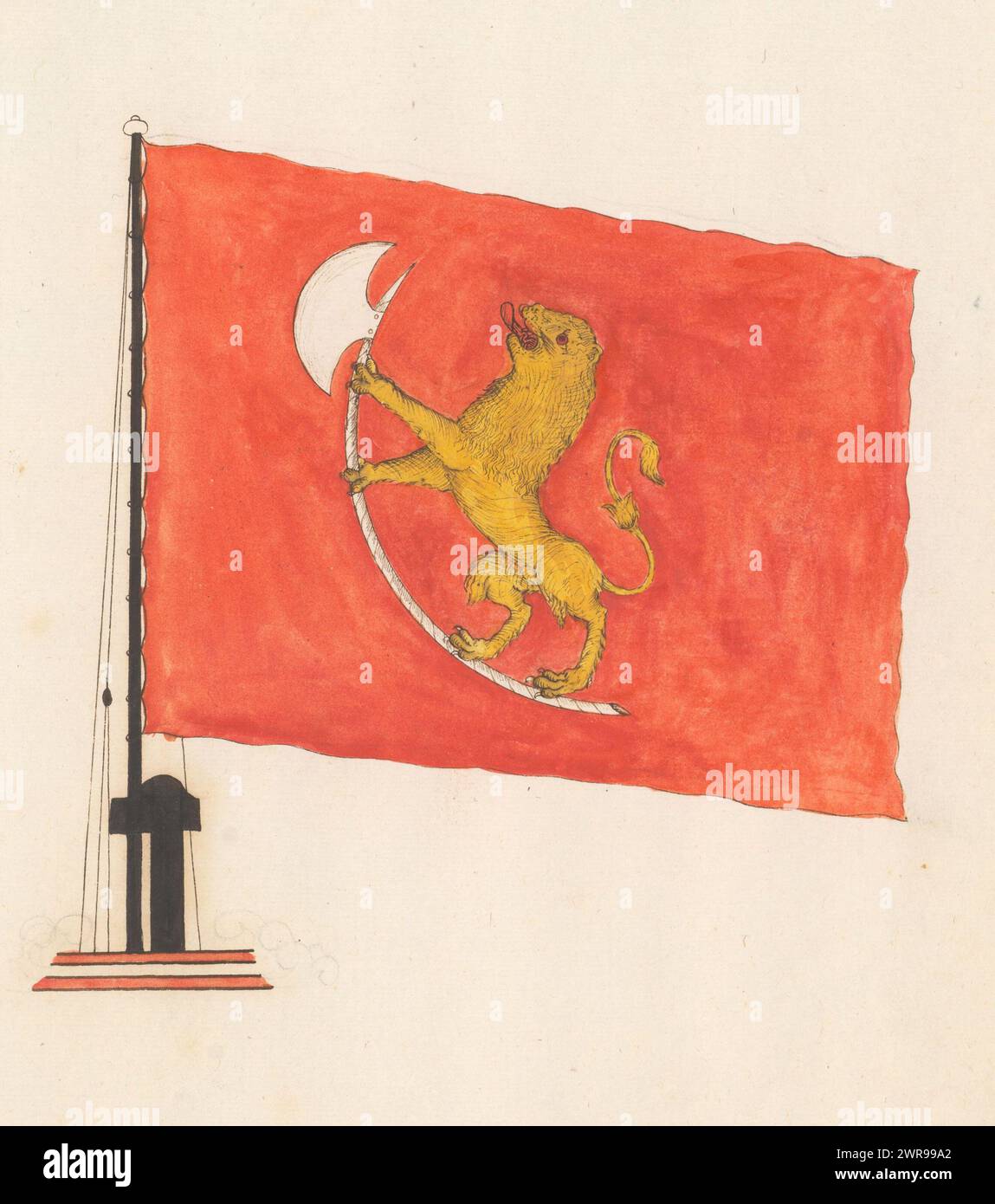 Drapeau de la Norvège, drapeau de la Norvège. Lion grimpant sur une halberde, sur un champ rouge. Drapeau sur le mât et la base du mât. Photo sur le folio 54r. Partie d'un livre de drapeaux avec des drapeaux d'Europe, d'Afrique du Nord, du proche et d'extrême-Orient., dessinateur : anonyme, France, 1667 - 1670, papier, stylo, pinceau, hauteur 265 mm × largeur 190 mm, dessin Banque D'Images