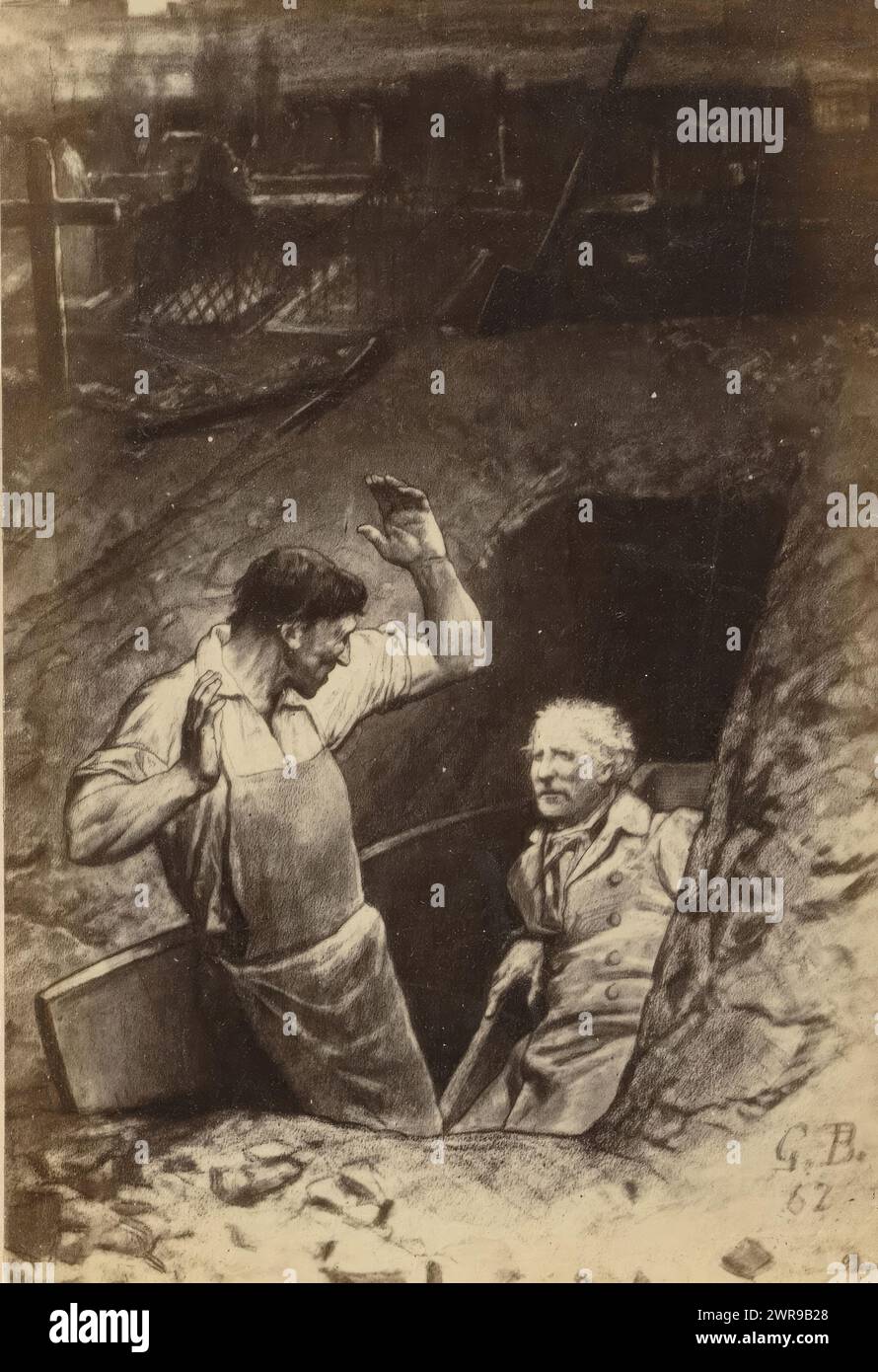 Reproduction photographique d'un dessin d'une scène dans un cimetière avec Fauchelevent et Jean Valjean tiré des Misérables de Victor Hugo, Gilmer, d'après le dessin de : Gustave Brion, éditeur : A. Faucheur, Paris, v. 1862, support photographique, tirage à l'albumen, hauteur 120 mm × largeur 82 mm, photographie Banque D'Images