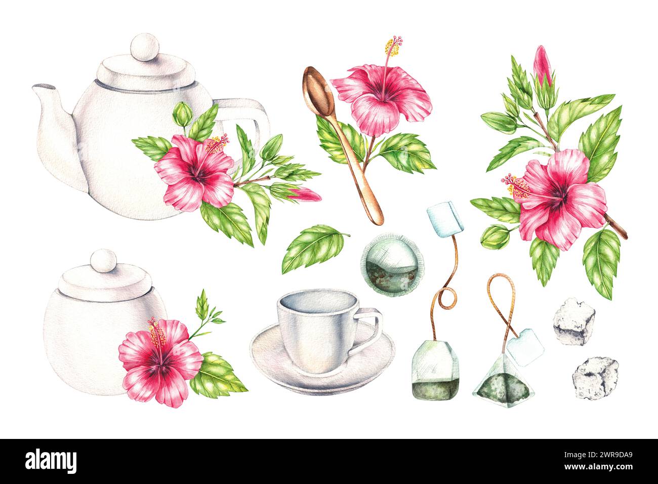 Service à thé blanc aquarelle, sachets de thé, sucre et fleurs d'hibiscus isolés sur blanc. Set de thé pour la conception d'emballages, étiquettes, produits alimentaires, etc Banque D'Images