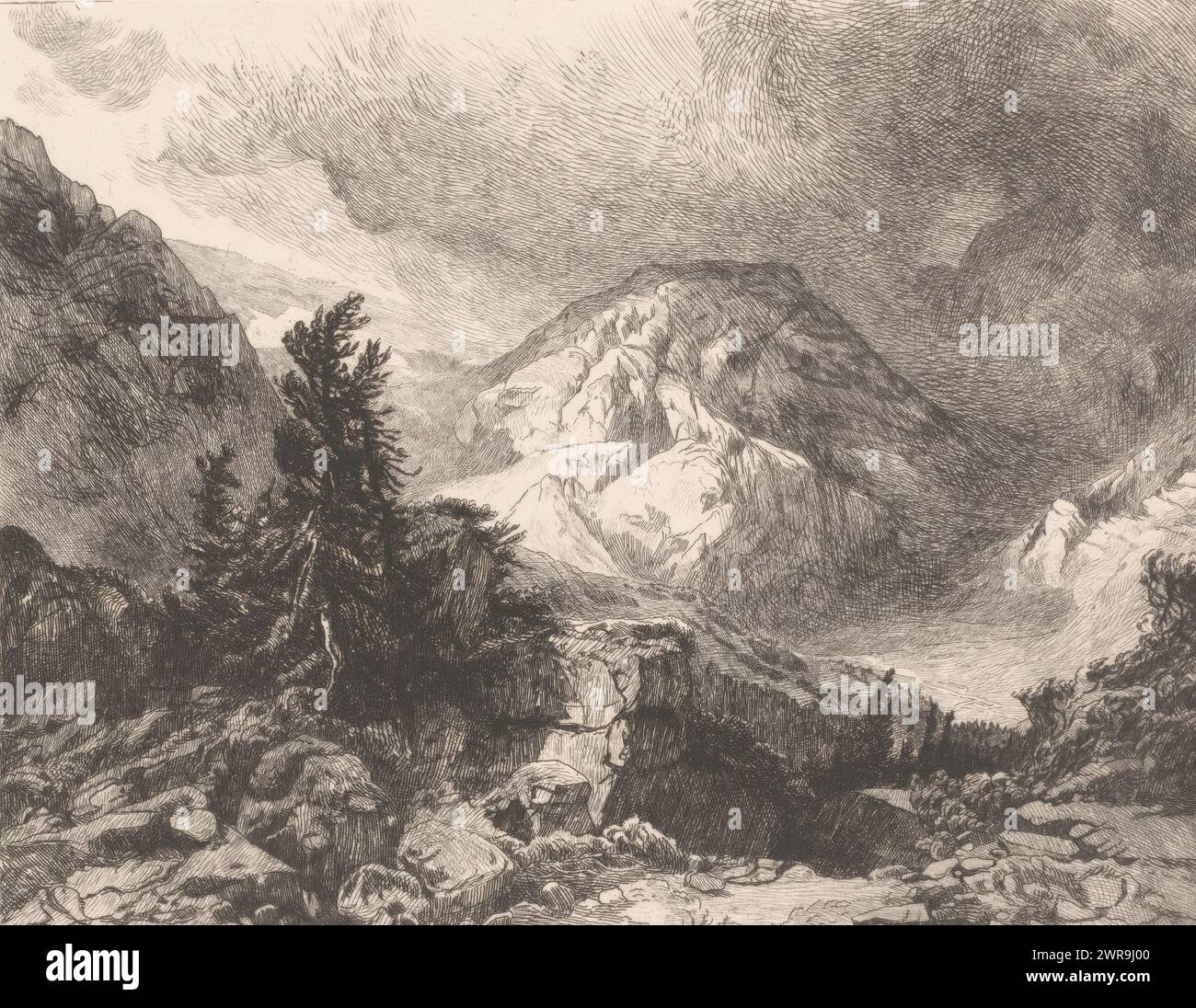 Paysage de montagne avec un sapin entre les rochers, imprimeur : Léopold Desbrosses, (attribué à), après conception par : Alexandre Calame, (attribué à), 1863 - 1880, papier, gravure, hauteur 170 mm × largeur 212 mm, impression Banque D'Images