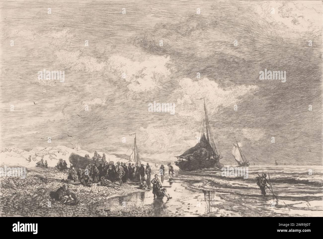 Scène de plage à marée basse, plage, imprimeur : Amédée Paul Greux, après conception par : Andreas Achenbach, 1863 - 1880, papier, gravure, hauteur 152 mm × largeur 200 mm, impression Banque D'Images