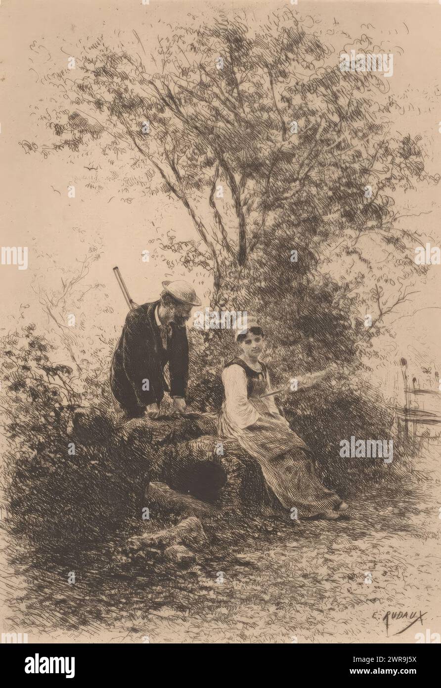 Paysage forestier avec chasseur et épouse d'un jeune fermier assis, un maraudeur (titre sur objet), L'eau-forte en 1880 (titre de la série), imprimeur : Edmond Adolphe Rudaux, d'après sa propre conception par : Edmond Adolphe Rudaux, éditeur : weduwe Alfred Cadart, Paris, c. 1880, papier, gravure, pointe sèche, hauteur 279 mm × largeur 200 mm, impression Banque D'Images