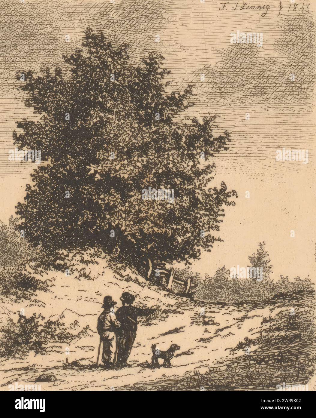 Paysage près de Tienen avec deux hommes et un chien, imprimeur : Jean Théodore Joseph Linnig, 1843, papier, gravure, hauteur 91 mm × largeur 73 mm, impression Banque D'Images