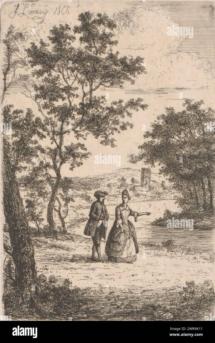 Couple se promène au bord de l'eau, imprimeur : Jean Théodore Joseph Linnig, 1866 ans, papier, gravure, hauteur 121 mm × largeur 81 mm, impression Banque D'Images