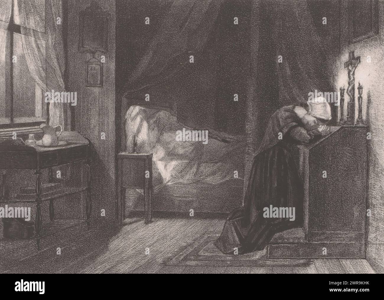Femme priant au défunt, le défunt est au lit, recouvert d'un drap. Il y a un crucifix dessus. Sur la droite, une femme est agenouillée et prie près du Christ sur la croix. Il y a un évier à gauche sous la fenêtre., imprimeur : Hendrik Adriaan Christiaan Dekker, après peinture par : Diederik Franciscus Jamin, imprimeur : Jan Dam Steuerwald, imprimeur : Amsterdam, après peinture par : pays-Bas, imprimeur : la Haye, 1846 - 1863, papier, hauteur 268 mm × largeur 352 mm, impression Banque D'Images