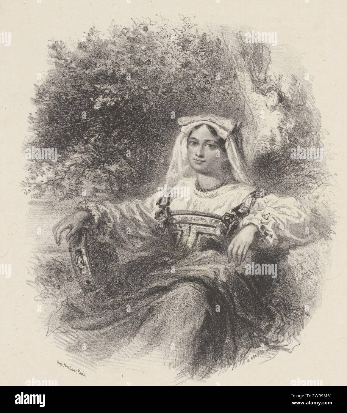 Femme assise avec tambourin sous arbre, imprimeur : Adolphe Mouilleron, imprimeur : Victor Jacques Bertauts, Paris, 1830 - 1880, papier, hauteur 356 mm × largeur 274 mm, impression Banque D'Images