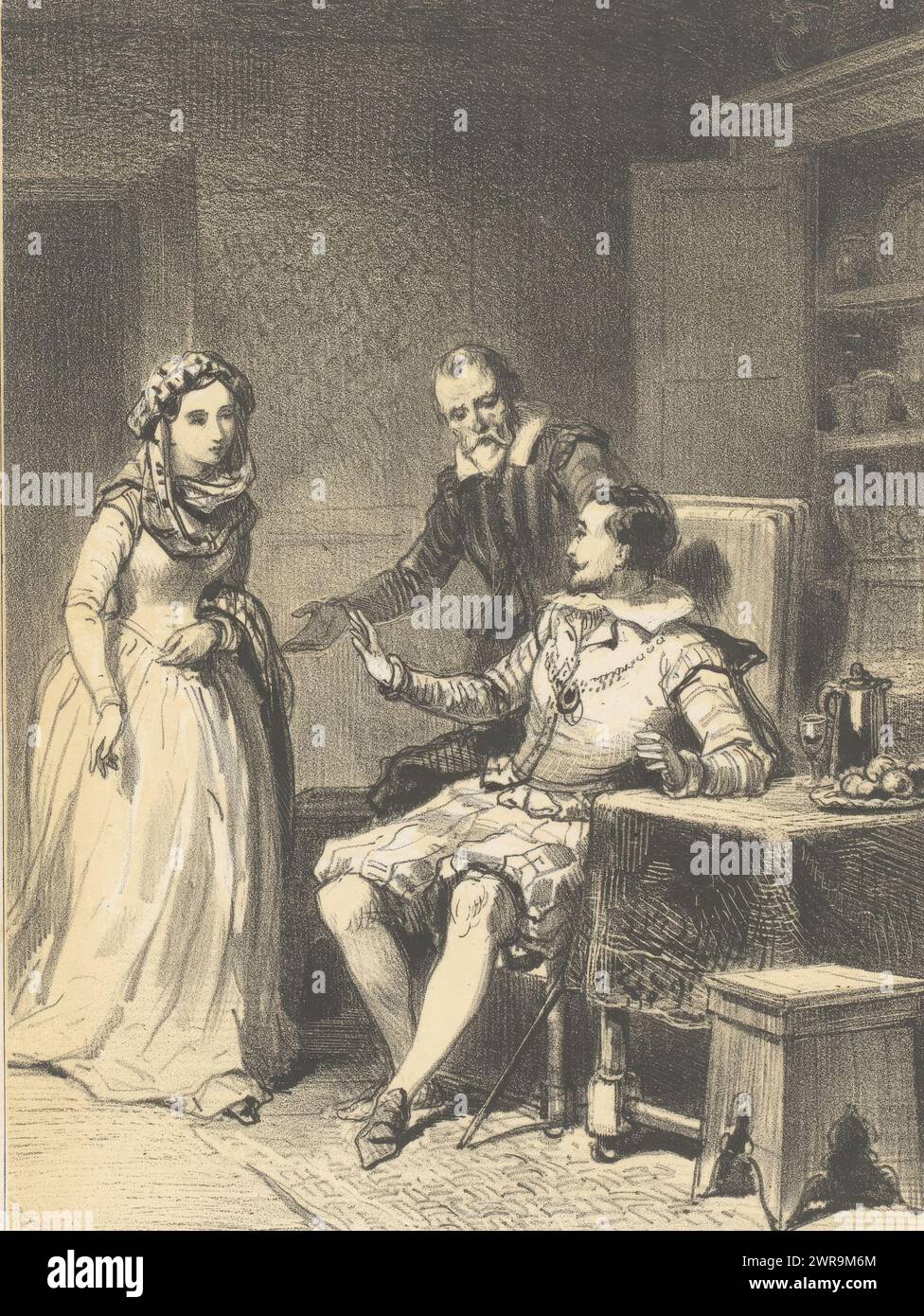 Homme assis reçoit femme dans sa chambre, imprimeur : Adolphe Mouilleron, imprimeur : Victor Jacques Bertauts, éditeur : Charles Warée, Paris, 1843, papier, hauteur 275 mm × largeur 177 mm, impression Banque D'Images