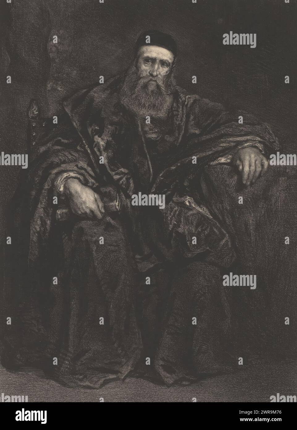 Homme assis à barbe et spacieux, manteau sombre tient un livre fermé, imprimeur : Adolphe Mouilleron, imprimeur : Victor Jacques Bertauts, Paris, 1830 - 1880, papier, hauteur 401 mm × largeur 567 mm, impression Banque D'Images