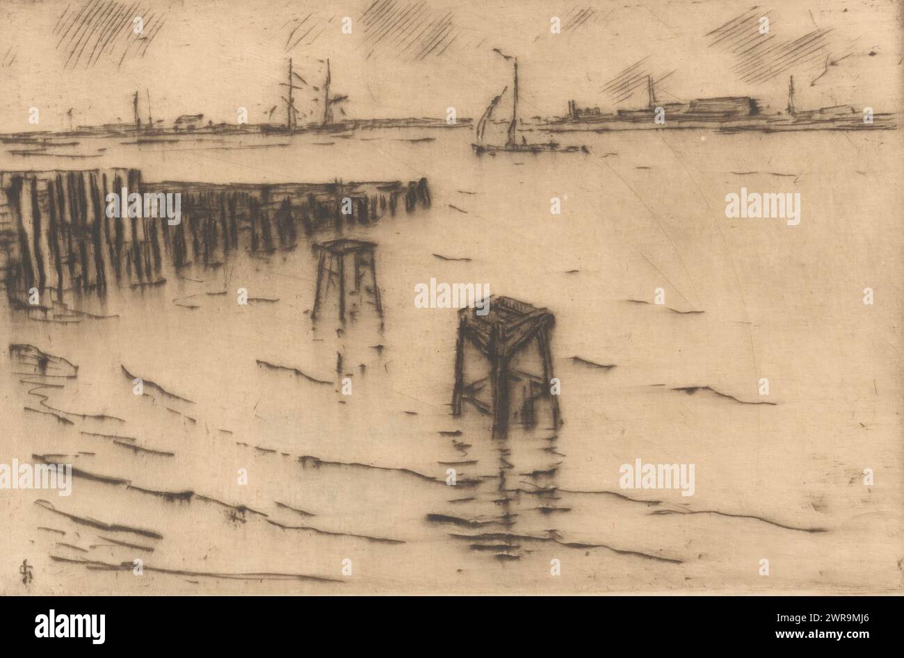 Vue de l'Escaut près d'Anvers, un quai à gauche., imprimeur : Carel Nicolaas Storm van 's-Gravesande, (signé par l'artiste), 1889 - 1902, papier, pointe sèche, hauteur 100 mm × largeur 149 mm, impression Banque D'Images