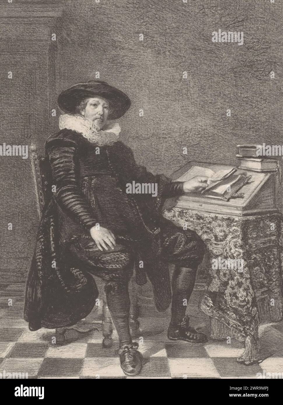 Portrait d'un érudit, l'homme porte un manteau, un ruf et un chapeau. Avec sa main gauche, il feuillette un livre sur un bureau., imprimeur : Jan Mesker, après peinture par : Thomas de Keyser, (attribution rejetée), imprimeur : Koninklijke Nederlandsche Steendrukkerij, imprimeur : la Haye, après peinture par : Amsterdam, imprimeur: la Haye, 1867 - 1874, papier, hauteur 545 mm × largeur 355 mm, impression Banque D'Images