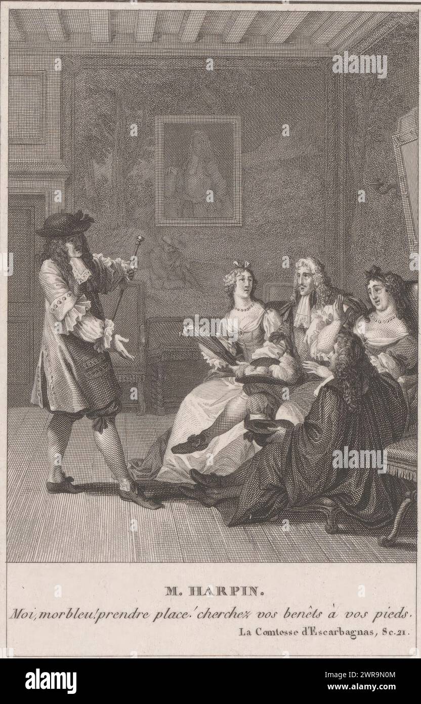 Intérieur avec compagnie galante assise, un homme se tient devant eux, imprimeur : Jean Baptiste Blaise Simonet, après design par : Jean Michel Moreau, éditeur : Antoine Augustin Renouard, Paris, 1811 - 1813, papier, gravure, gravure, hauteur 230 mm × largeur 150 mm, impression Banque D'Images