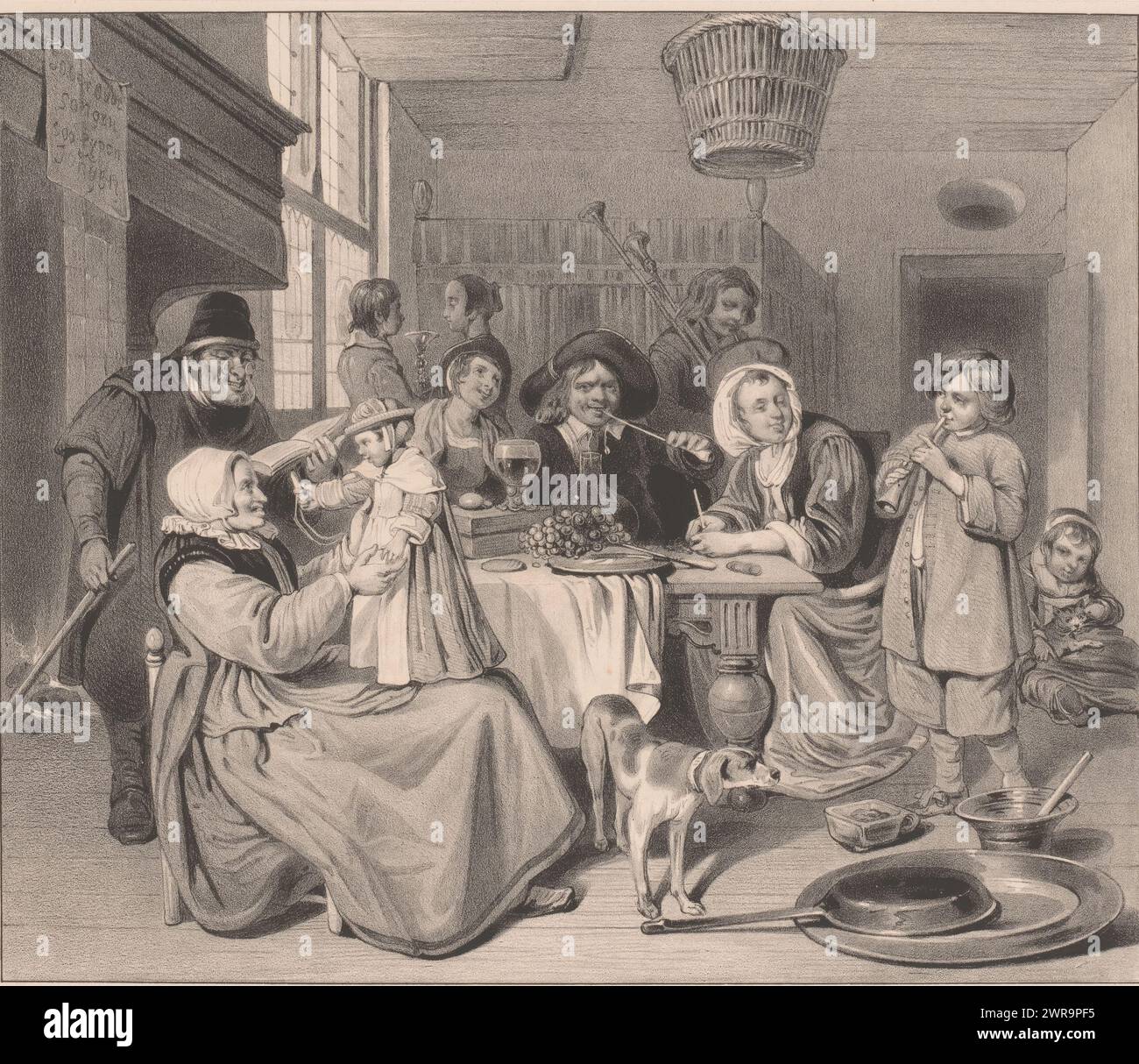 Intérieur avec compagnie, comme les vieux chantaient, alors les jeunes grincent, Une famille s'assoit autour de la table. Plusieurs d'entre eux jouent d'instruments de musique. La grand-mère a son petit-enfant sur ses genoux., imprimeur : Carel Christiaan Antony dernier, après avoir peint par : Jan Havicksz. Steen, imprimeur : C.M. Mensing, 1818 - 1876, papier, hauteur 275 mm × largeur 364 mm, impression Banque D'Images
