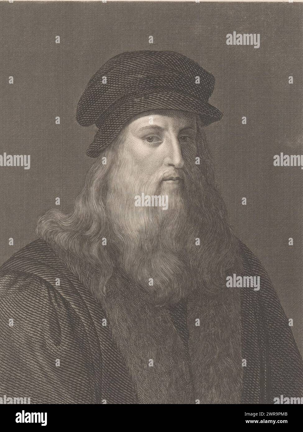Portrait de Léonard de Vinci, imprimeur : Friedrich Weber, après peinture par : Raphael Morghen, Allemagne, 1823 - 1882, papier, gravure sur acier, hauteur 271 mm × largeur 200 mm, impression Banque D'Images