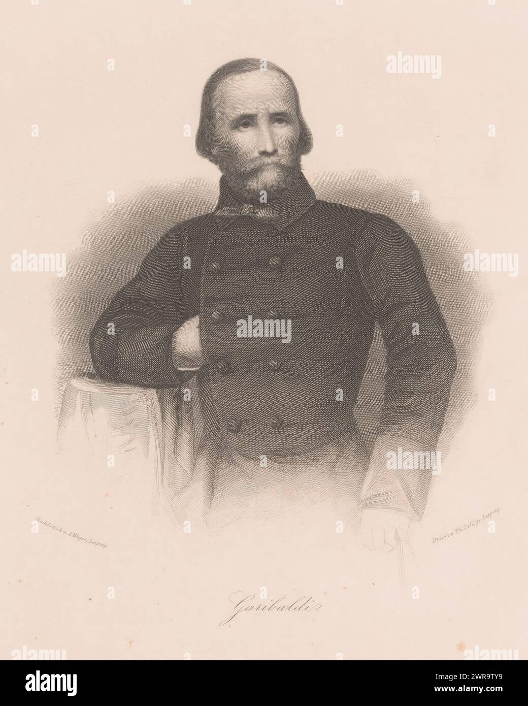 Portrait de Giuseppe Garibaldi, imprimeur : August Weger, imprimeur : Thomas Zehl (II), éditeur : Baumgärtner's Buchhandlung, Leipzig, 1849 - 1892, papier, gravure sur acier, hauteur 288 mm × largeur 223 mm, impression Banque D'Images