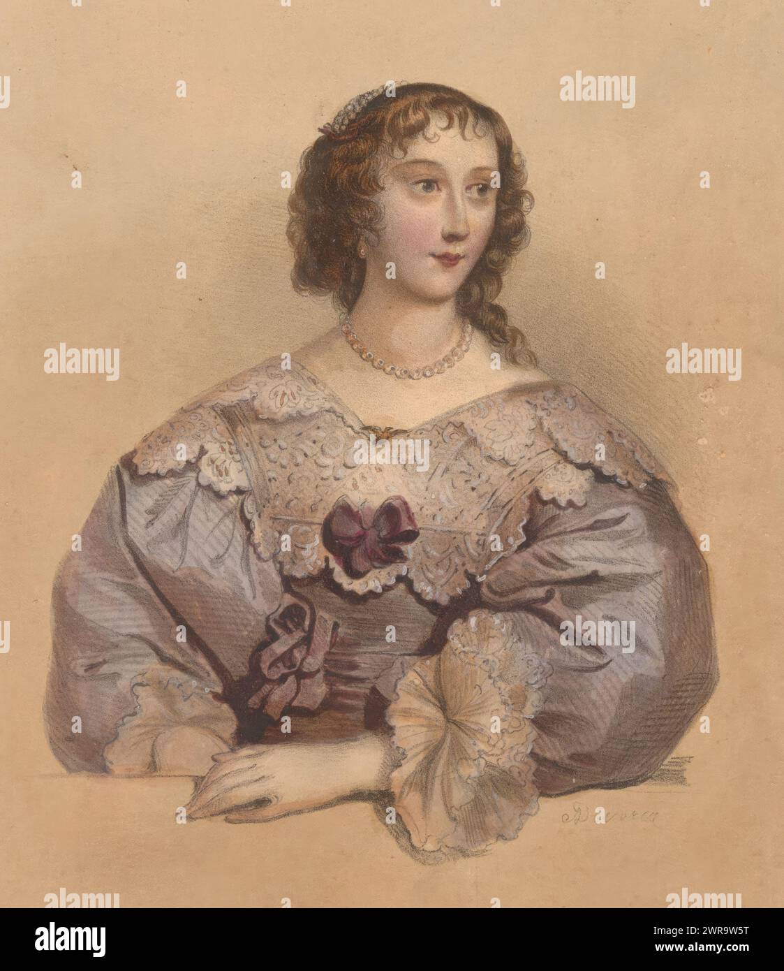 Portrait d'Henrietta Maria de France, Henriette de France, femme de Charles 1er (titre sur objet), maquettes de peintres célèbres (titre de la série), imprimeur : Achille Devéria, imprimeur : Joseph Rose Lemercier, éditeur : Henri Jeannin, imprimeur : Paris, imprimeur : Paris, éditeur : Paris, Editeur : London, 1832, papier, hauteur 350 mm × largeur 265 mm, imprimé Banque D'Images