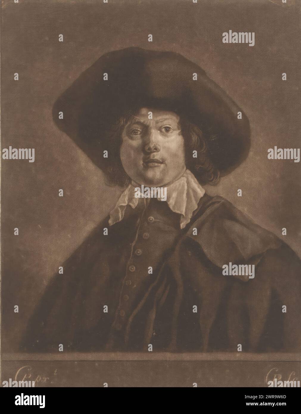 Portrait d'un homme inconnu portant un chapeau, imprimeur : Charles Phillips, d'après la peinture de : Cornelis van Poelenburch, 1747 - 1773, papier, hauteur 219 mm × largeur 157 mm, impression Banque D'Images