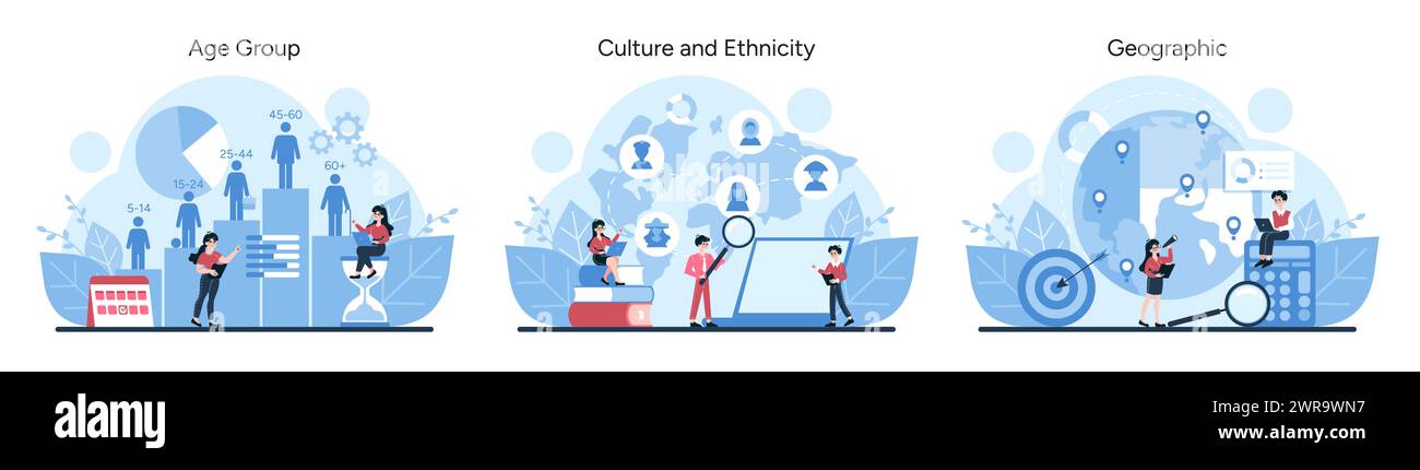 Trio de segmentation de marché. Explore le ciblage en fonction de l'âge, de la culture et de l'emplacement. Fournit des informations sur les critères démographiques dans le marketing. Illustration vectorielle Illustration de Vecteur