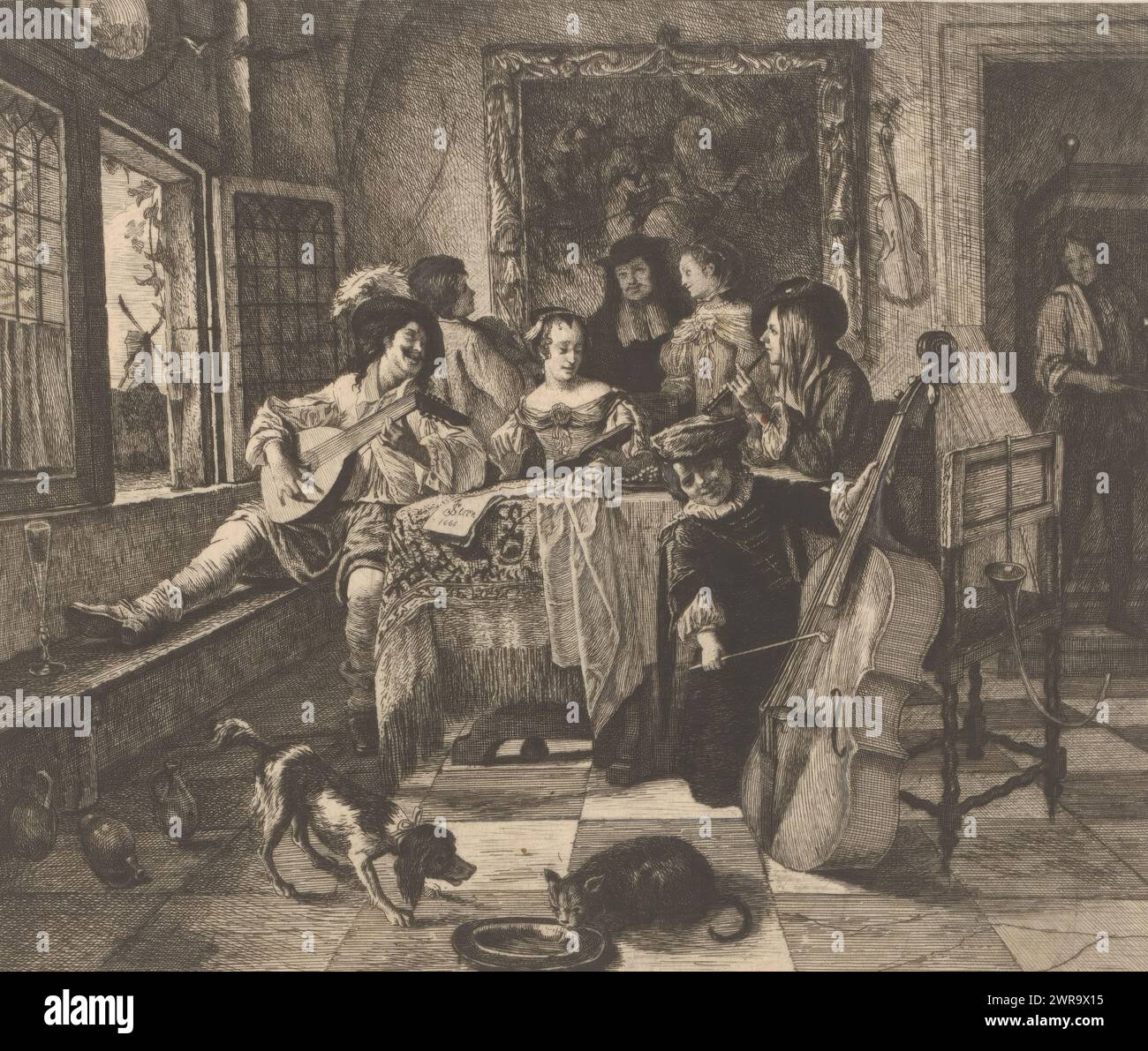 Salon concert avec trois musiciens et un chanteur, le concert de famille, imprimeur : Léopold Flameng, après design par : Jan Havicksz. Steen, 1873, papier, gravure, hauteur 177 mm × largeur 227 mm, impression Banque D'Images