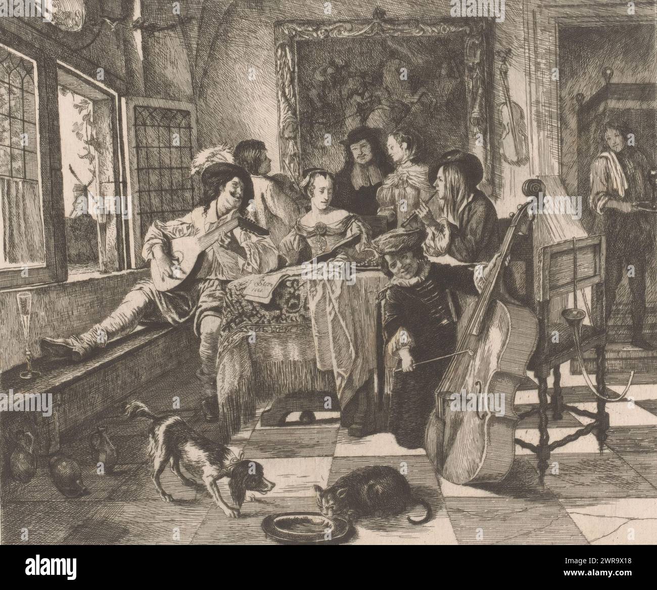 Salon concert avec trois musiciens et un chanteur, le concert de famille, imprimeur : Léopold Flameng, après design par : Jan Havicksz. Steen, 1873, papier, gravure, hauteur 192 mm × largeur 260 mm, impression Banque D'Images