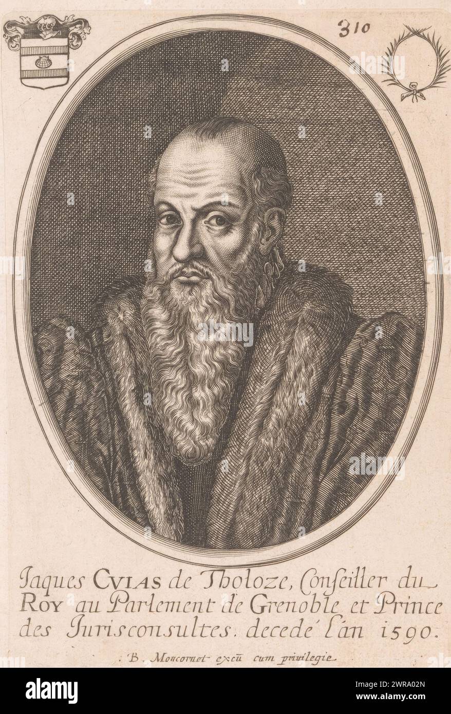 Portrait de Jacques Cujas, imprimeur : anonyme, éditeur : Balthazar Moncornet, Franse Kroon, éditeur : Paris, France, 1610 - 1668, papier, gravure, hauteur 166 mm × largeur 112 mm, impression Banque D'Images