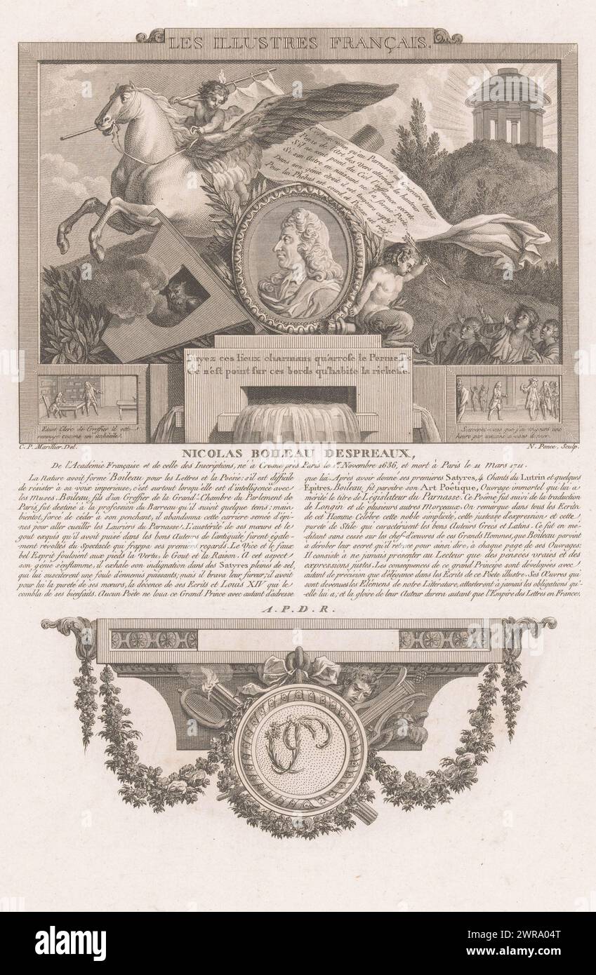 Portrait allégorique de Nicolas Boileau, Portraits de personnages historiques français (titre de la série), les illustres français, ou tableaux historiques des grands hommes de la France (titre de la série), imprimeur : Nicolas Ponce, après dessin de : Clément Pierre Marillier, Franse Kroon, France, 1790 - 1816, papier, gravure, gravure, hauteur 338 mm × largeur 229 mm, impression Banque D'Images