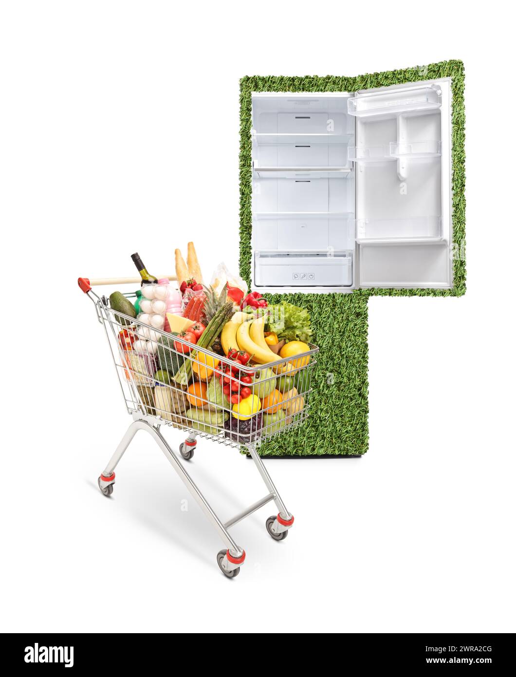 Réfrigérateur économe en énergie et un chariot avec de la nourriture isolé sur fond blanc Banque D'Images
