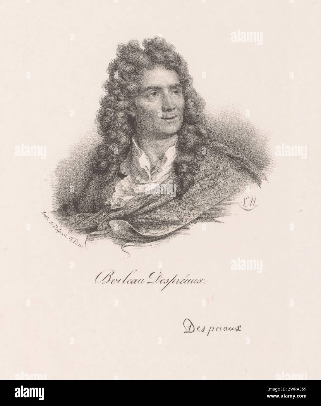 Portrait de l'écrivain Nicolas Boileau, Boileau Despréaux (titre sur objet), imprimeur : Nicolas Maurin, imprimeur : veuve Delpech (Naudet), Paris, 1825 - 1842, papier, hauteur 278 mm × largeur 182 mm, tirage Banque D'Images