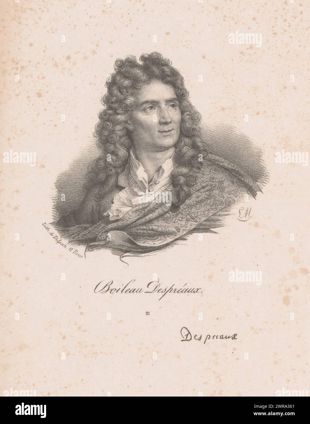 Portrait de l'écrivain Nicolas Boileau, Boileau Despréaux (titre sur objet), numéroté ci-dessous : 21., imprimeur : Nicolas Maurin, imprimeur : veuve Delpech (Naudet), Paris, 1825 - 1842, papier, hauteur 275 mm × largeur 180 mm, tirage Banque D'Images