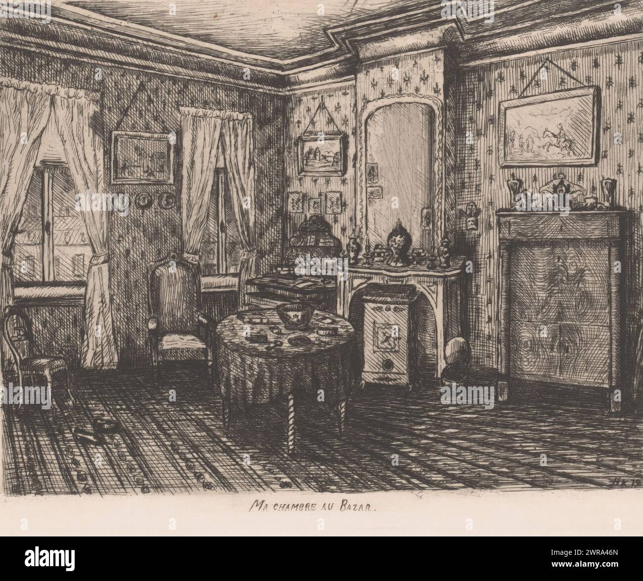 Intérieur d'un salon, ma chambre au Bazar (titre sur objet), imprimeur : Henri Kervyn van Lettenhove, 1879, papier, gravure, pointe sèche, hauteur 178 mm × largeur 236 mm, impression Banque D'Images