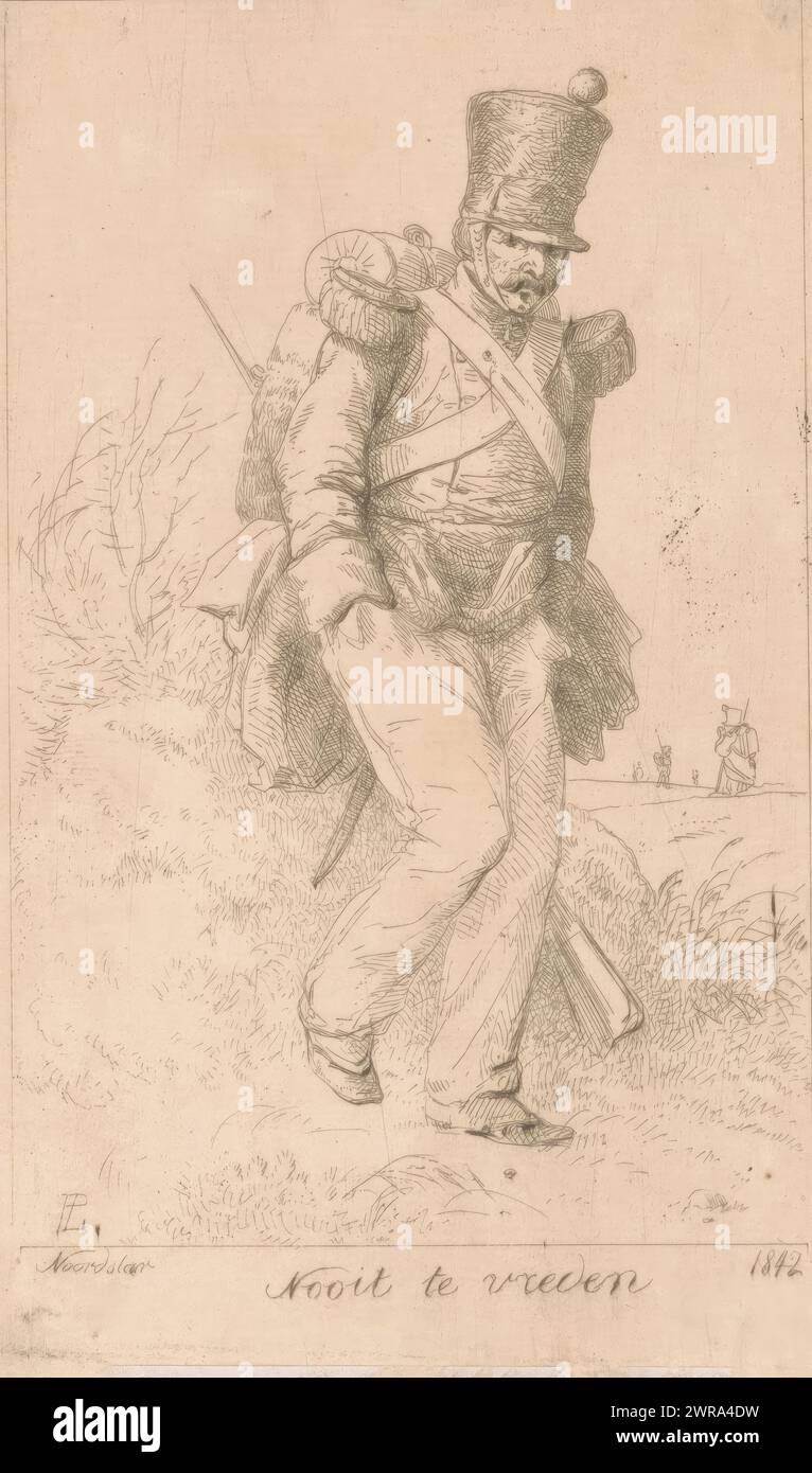 Soldat piétinant au sol pour garder ses pieds au chaud, pour ne jamais être satisfait (titre sur objet), imprimeur : Paulus Lauters, éditeur : P. van Bouwel, (peut-être), Anvers, 1842, papier, gravure, hauteur 171 mm × largeur 105 mm, impression Banque D'Images