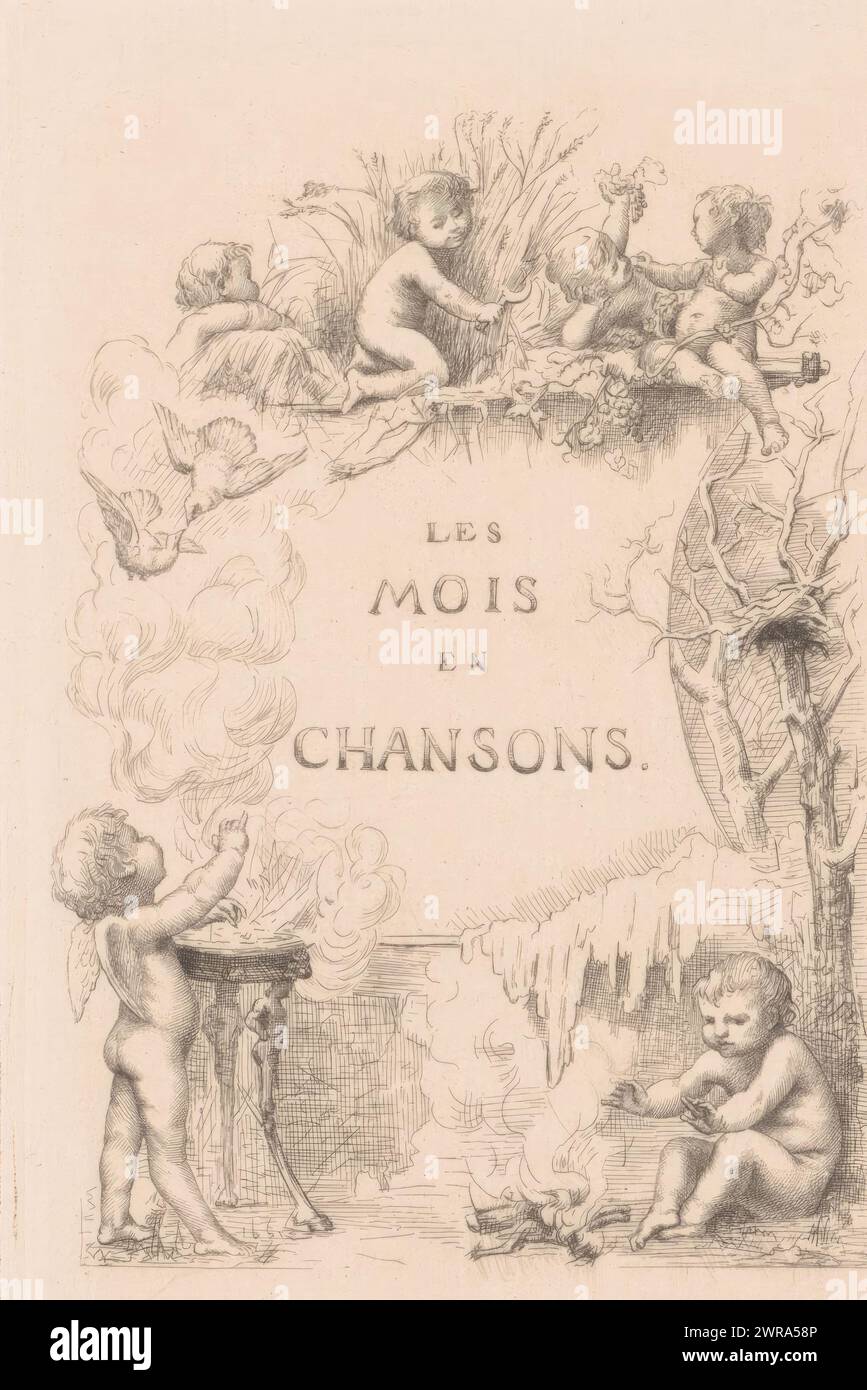 Putti avec le feu, les oiseaux et la récolte, les mois en chansons (titre sur objet), page de titre pour : les mois en chansons, les putti représentent différents mois de l'année et les activités associées, y compris la récolte des céréales et du vin., imprimeur: Louis le Nain, (signé par l'artiste), d'après son propre design par : Louis le Nain, 1861 - 1911, papier, gravure, hauteur 139 mm × largeur 88 mm, tirage Banque D'Images