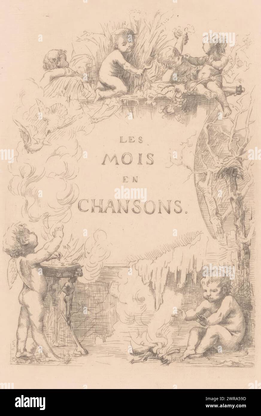 Putti avec le feu, les oiseaux et la récolte, les mois en chansons (titre sur objet), page de titre pour : les mois en chansons, les putti représentent différents mois de l'année et les activités associées, y compris la récolte des céréales et du vin., imprimeur: Louis le Nain, (signé par l'artiste), d'après son propre design par : Louis le Nain, 1861 - 1911, papier, gravure, hauteur 140 mm × largeur 89 mm, tirage Banque D'Images