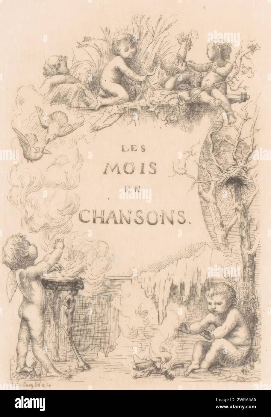 Putti avec le feu, les oiseaux et la récolte, les mois en chansons (titre sur l'objet), page de titre pour : les mois en chansons, les putti représentent différents mois de l'année et les activités associées, y compris la récolte du grain et du vin., imprimeur : Louis le Nain, d'après sa propre conception par: Louis le Nain, 1861 - 1911, papier, gravure, hauteur 139 mm × largeur 89 mm, impression Banque D'Images