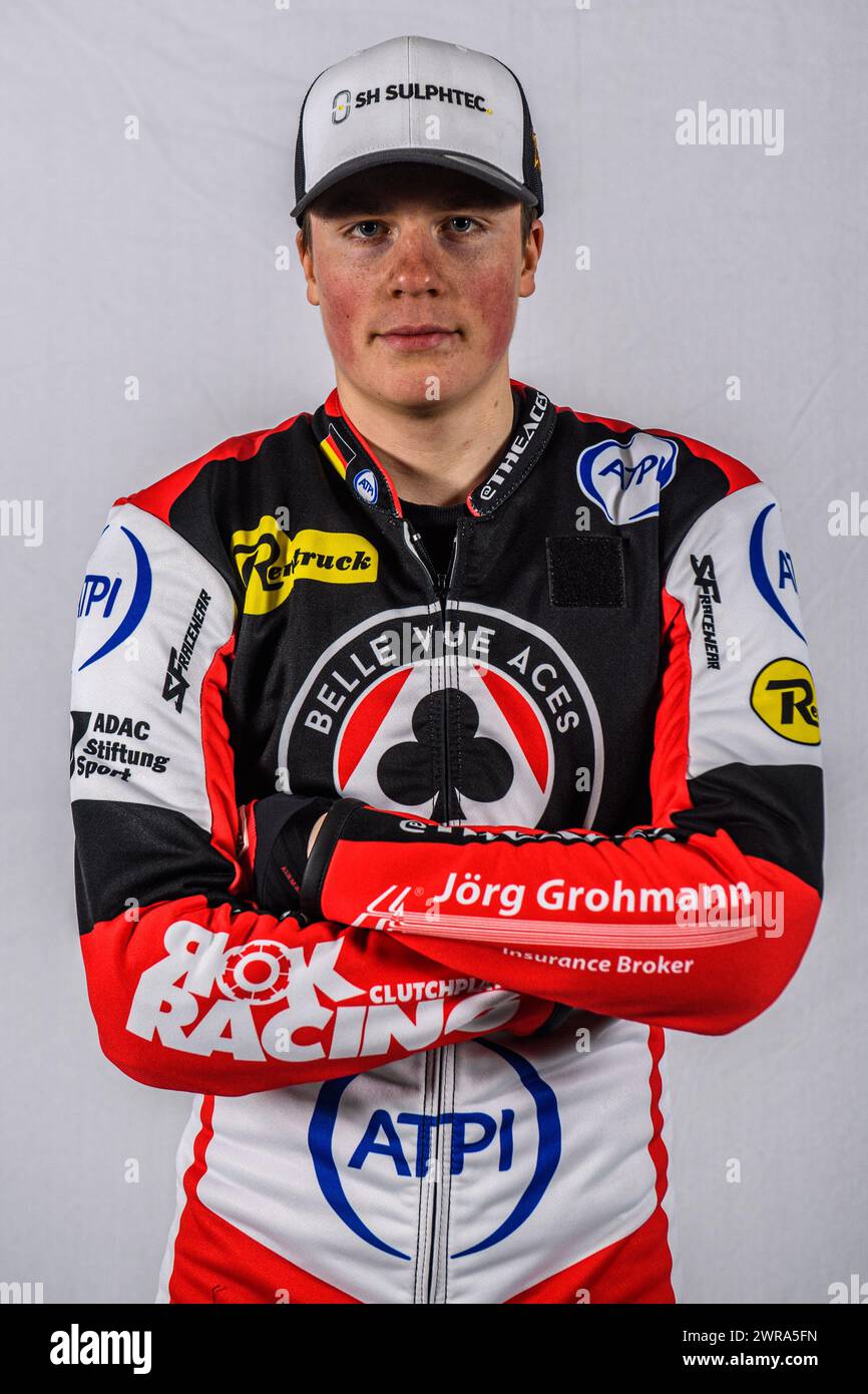 Norick Blödorn, coureur de belle vue Aces, lors de la belle vue Aces Media Day au National Speedway Stadium de Manchester le lundi 11 mars 2024. (Photo : Ian Charles | mi News) Banque D'Images