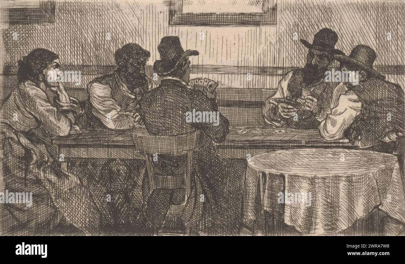Joueurs de cartes à la table, imprimeur : Xavier Mellery, 1855 - 1913, papier, gravure, hauteur 80 mm × largeur 138 mm, impression Banque D'Images