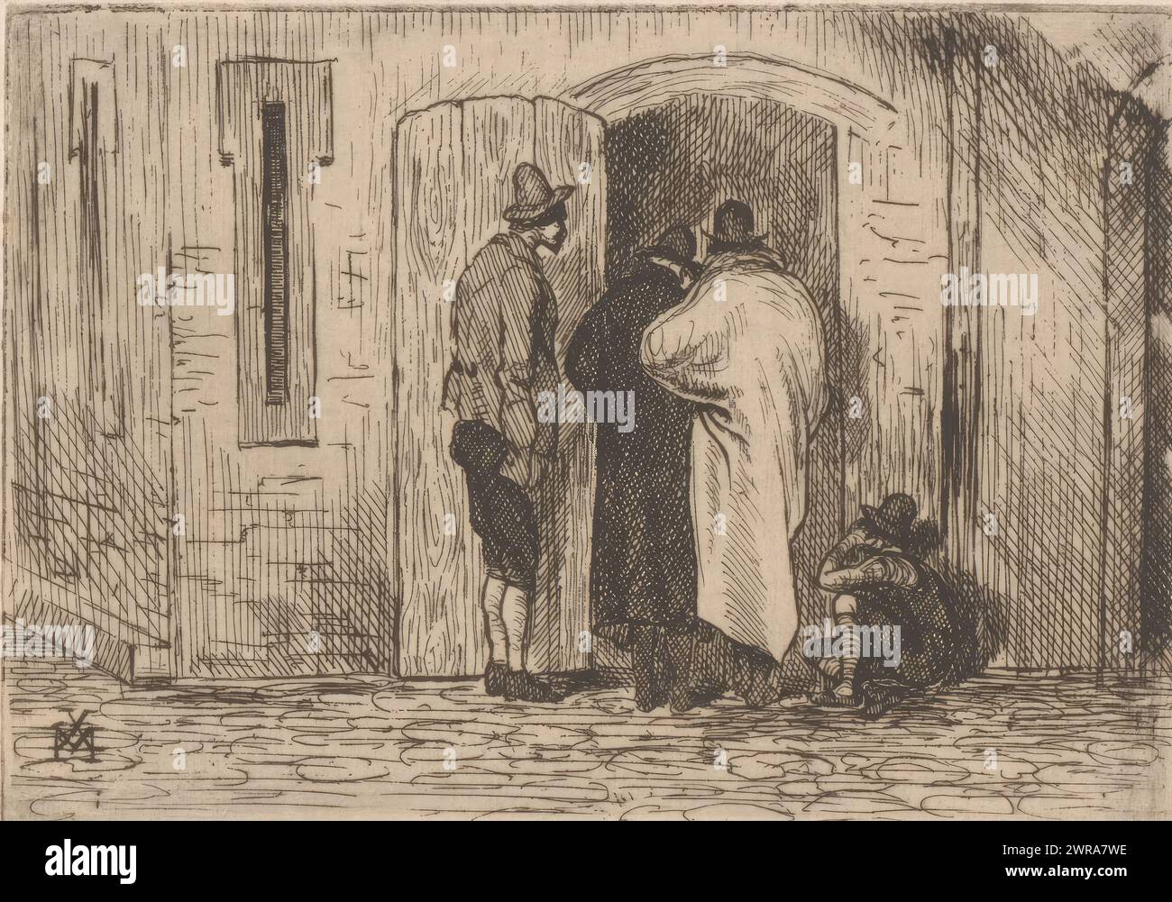 Quatre hommes regardent par une porte dans un bâtiment, imprimeur : Xavier Mellery, 1855 - 1913, papier, gravure, hauteur 70 mm × largeur 100 mm, impression Banque D'Images