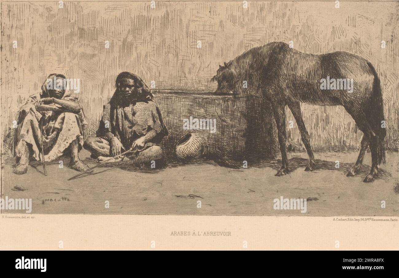Deux hommes assis à cheval, Arabes à l'abreuvoir (titre sur objet), numérotés en haut à droite : 267., imprimeur : Norbert Goeneutte, d'après dessin de : Norbert Goeneutte, éditeur : Alfred Cadart, Paris, c. 1874, papier, gravure, hauteur 174 mm × largeur 271 mm, impression Banque D'Images