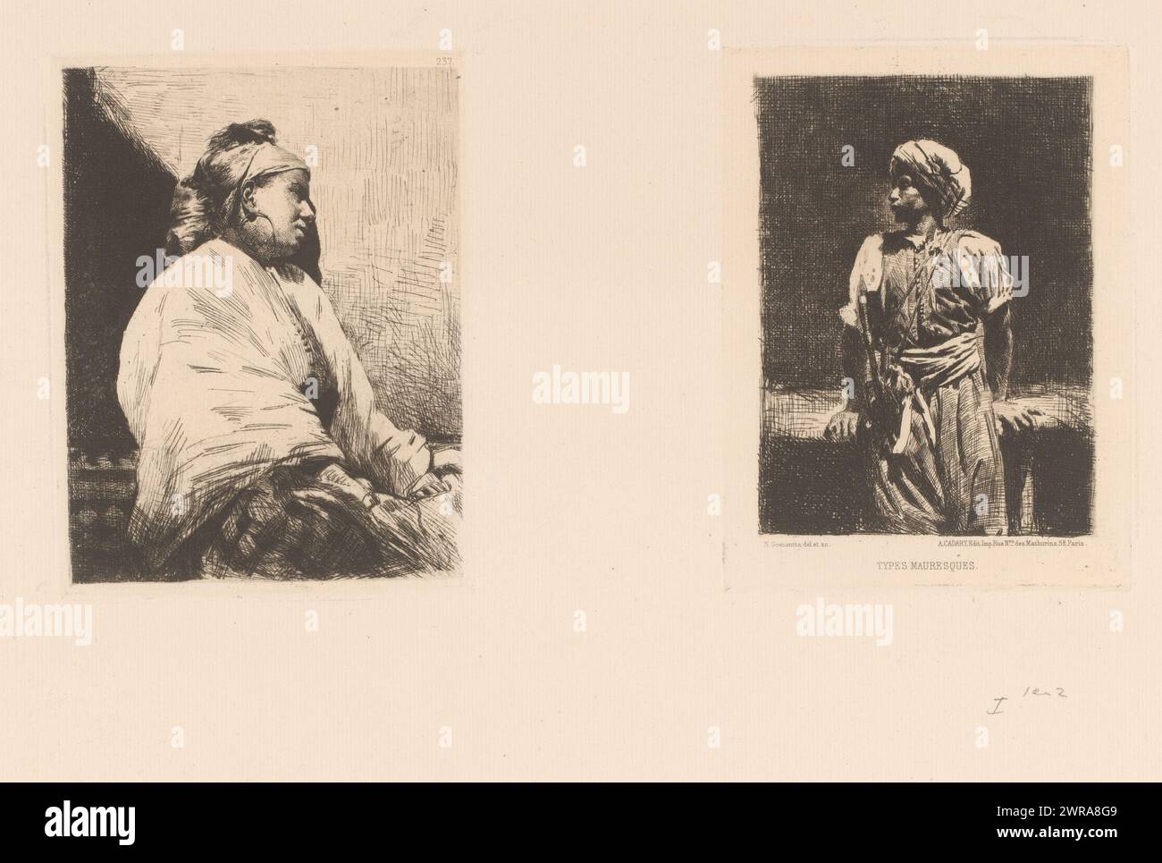 Jeune femme assise et homme armé de turban, deux gravures sur une feuille non découpée. Numéroté en haut à droite de la planche de gauche : 237., imprimeur : Norbert Goeneutte, d'après dessin par : Norbert Goeneutte, éditeur : Alfred Cadart, Paris, c. 1874, papier, gravure, hauteur 160 mm × largeur 123 mm × hauteur 160 mm × largeur 121 mm, impression Banque D'Images