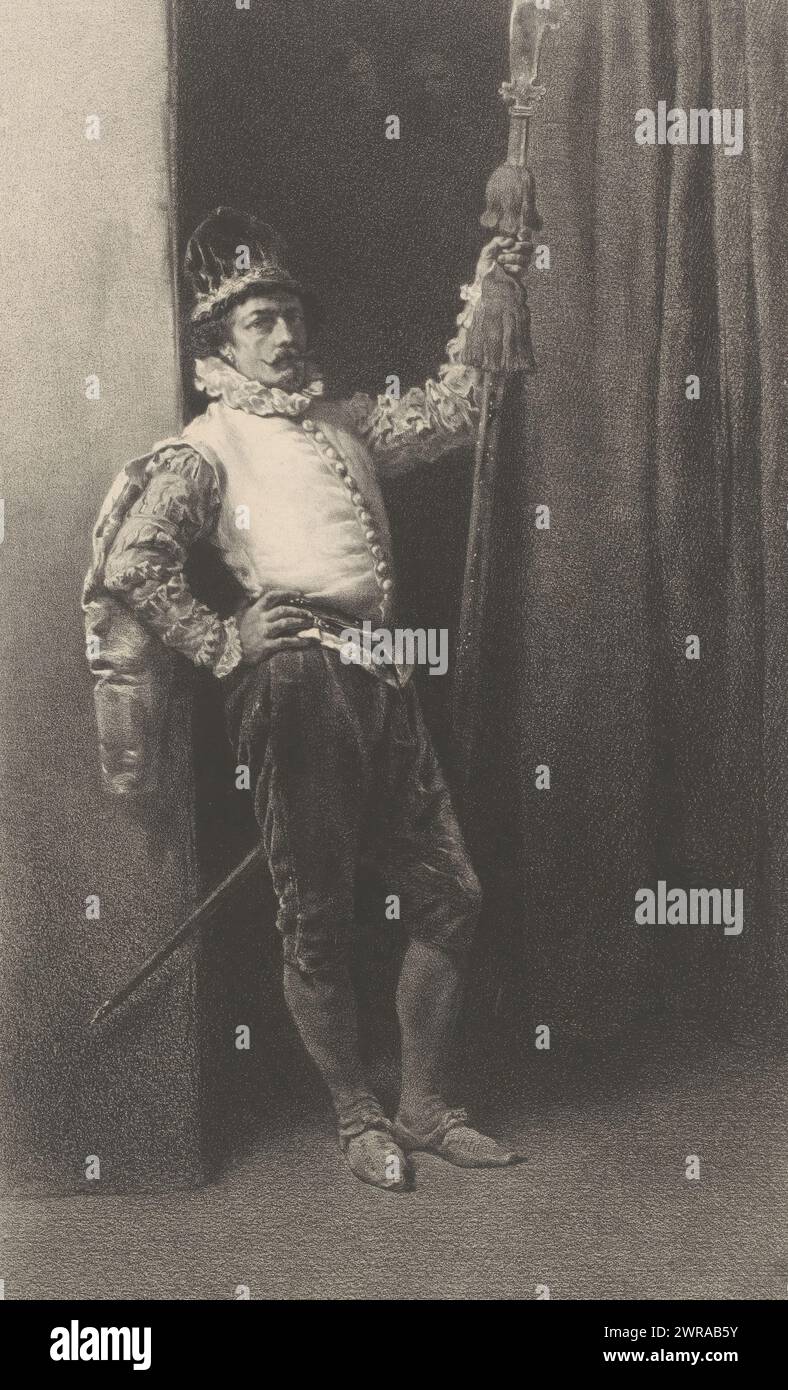 Halberdier debout, à côté d'un rideau, Hallebardier, artistes anciens et contemporains (titre de la série), les artistes anciens et modérés (titre de la série sur objet), imprimeur : Célestin François Nanteuil, après peinture par : Jean Louis Ernest Meissonier, imprimeur: Victor Jacques Bertauts, Paris, 1848 - 1862, papier, hauteur 340 mm × largeur 261 mm, impression Banque D'Images